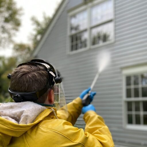 Person cleaning house siding with a pressure washer, wearing protective gear in a yellow raincoat.